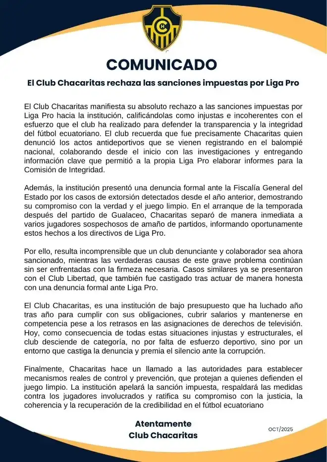 Controversia en el Fútbol Ecuatoriano: Chacaritas Rechaza Sanciones de LigaPro