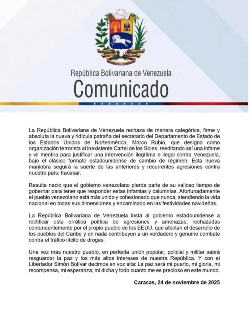 Venezuela Responde a la Designación del Cartel de los Soles como Grupo Terrorista